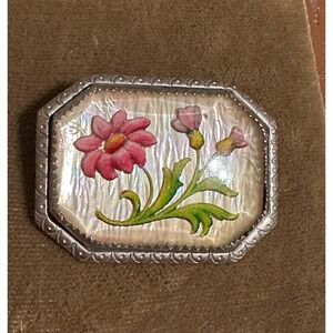 Antique Edwardian Reverse Painted Intaglio Glass pin Pink Flowers